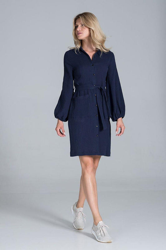 Navy blue shirt dress with V-neck collar, button front, gathered waist, long puff sleeves
