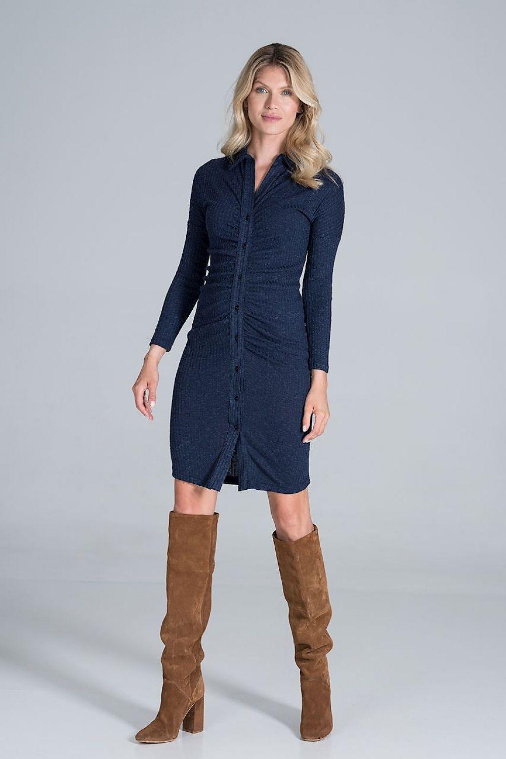 Figl daydress in navy blue, long-sleeve front closure, above-knee length