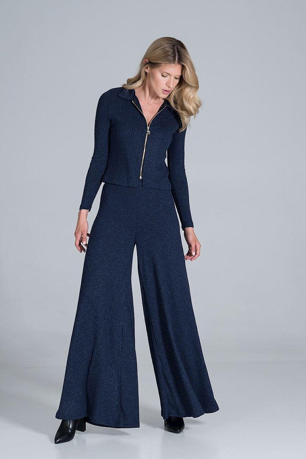Navy knit blouse with long sleeves, zip front, and stand collar