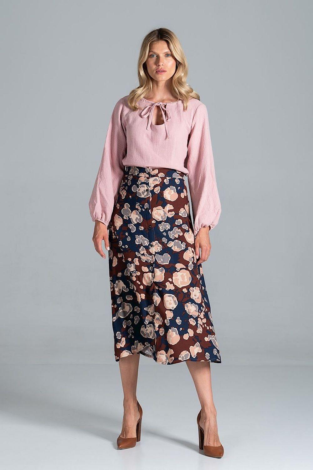 Pink blouse with round tie neckline and gathered cuffs