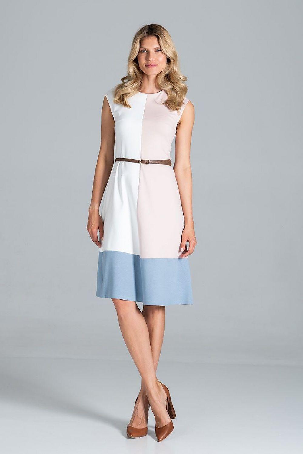 Figl sleeveless daydress, knee length, white with blue hem and brown belt