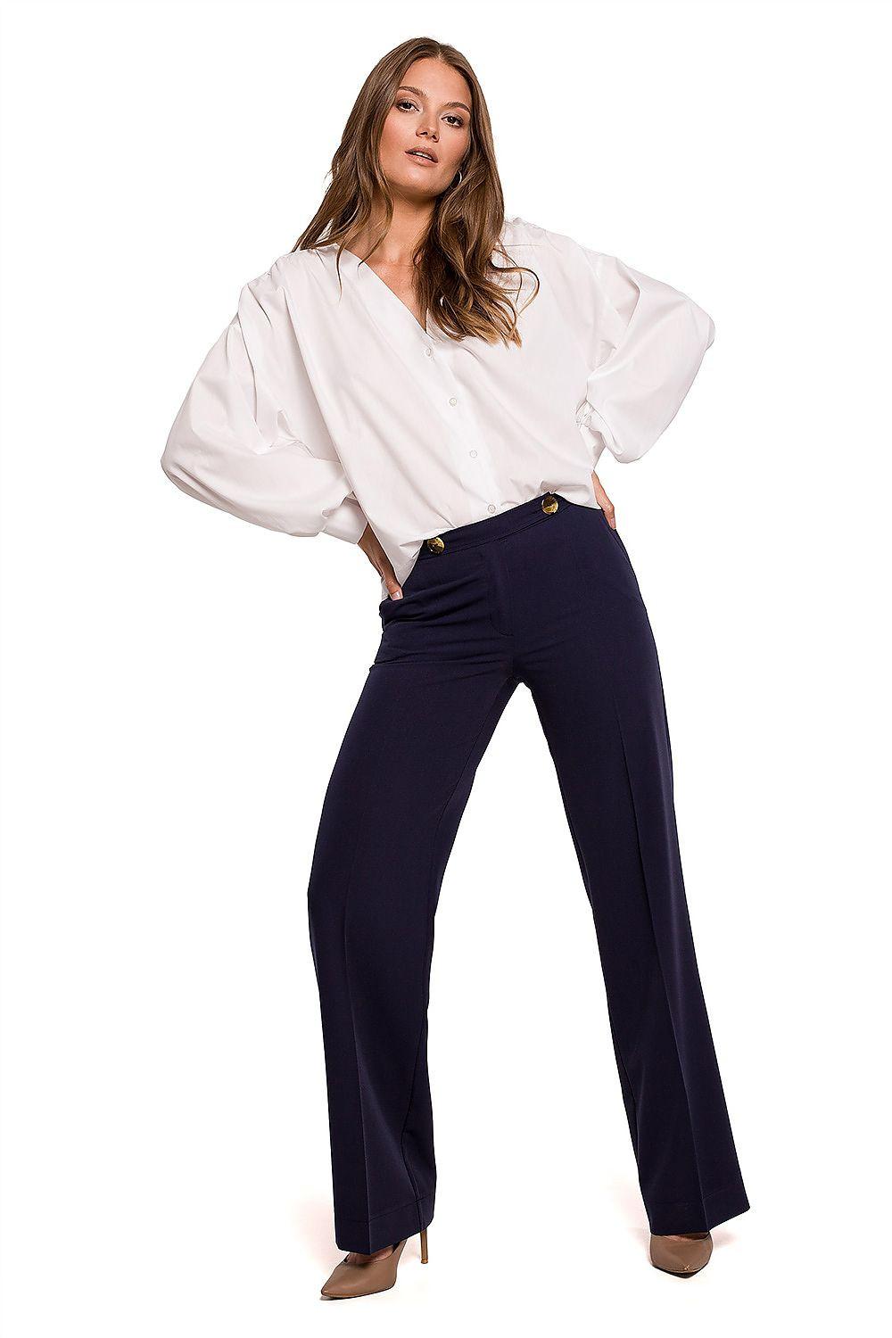 Navy blue straight-leg trousers with tailored waistband and belt loops