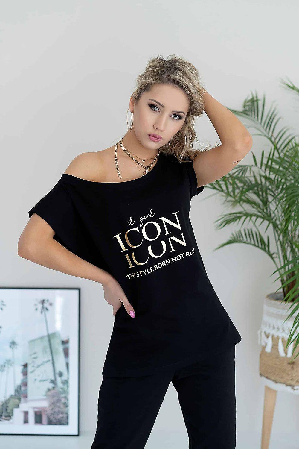 Black cotton blouse with gold foil 'ICON' graphic, off-shoulder neckline