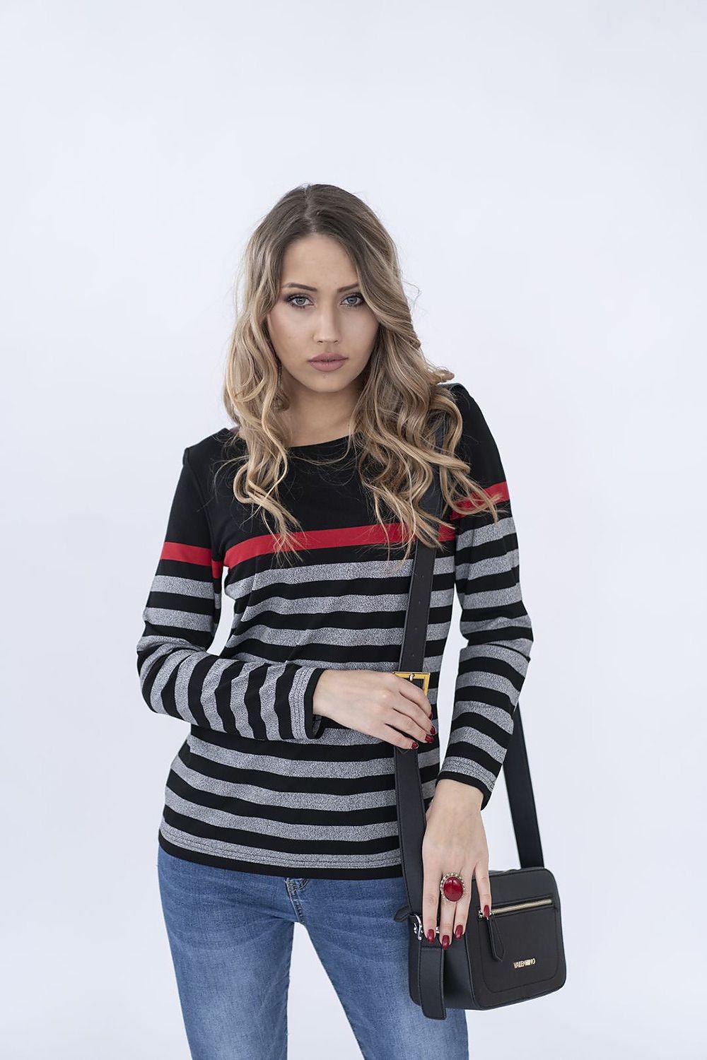 Striped long-sleeve blouse with black, white, and red horizontal stripes