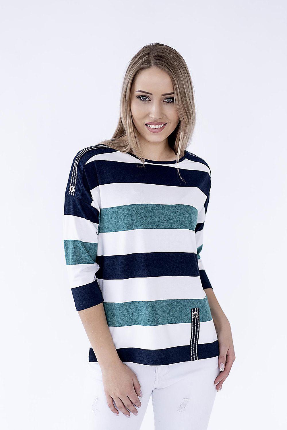 Striped knit blouse with 3/4 sleeves, crew neck, navy, white and green horizontal stripes
