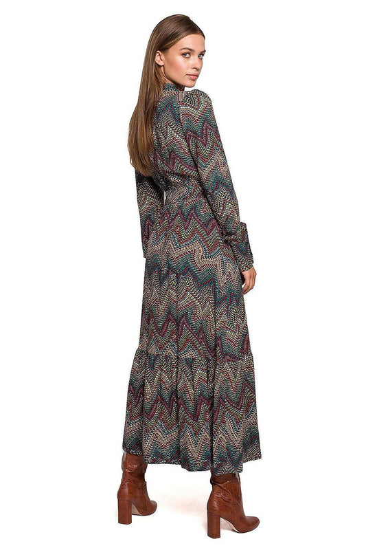 Long-sleeve printed day dress with high neck and zigzag multicolor pattern