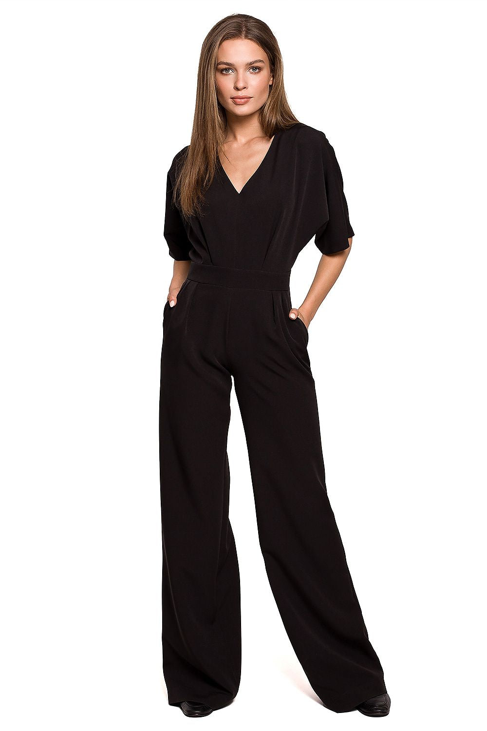 Black wide-leg batwing sleeve jumpsuit with V-neck and elbow-length sleeves.