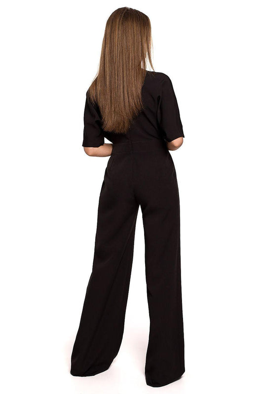 Black back-view wide-leg jumpsuit with V-neck and gathered waist
