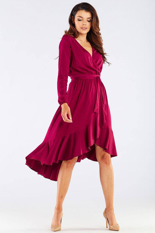 Burgundy cocktail dress with V-neck, long sleeves, tie waist, flared layered hem