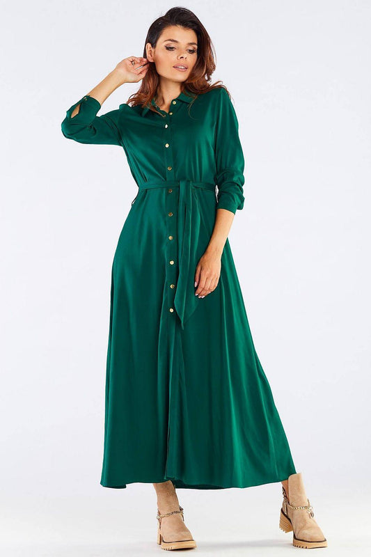 Awama green belted button-front midi daydress, front view