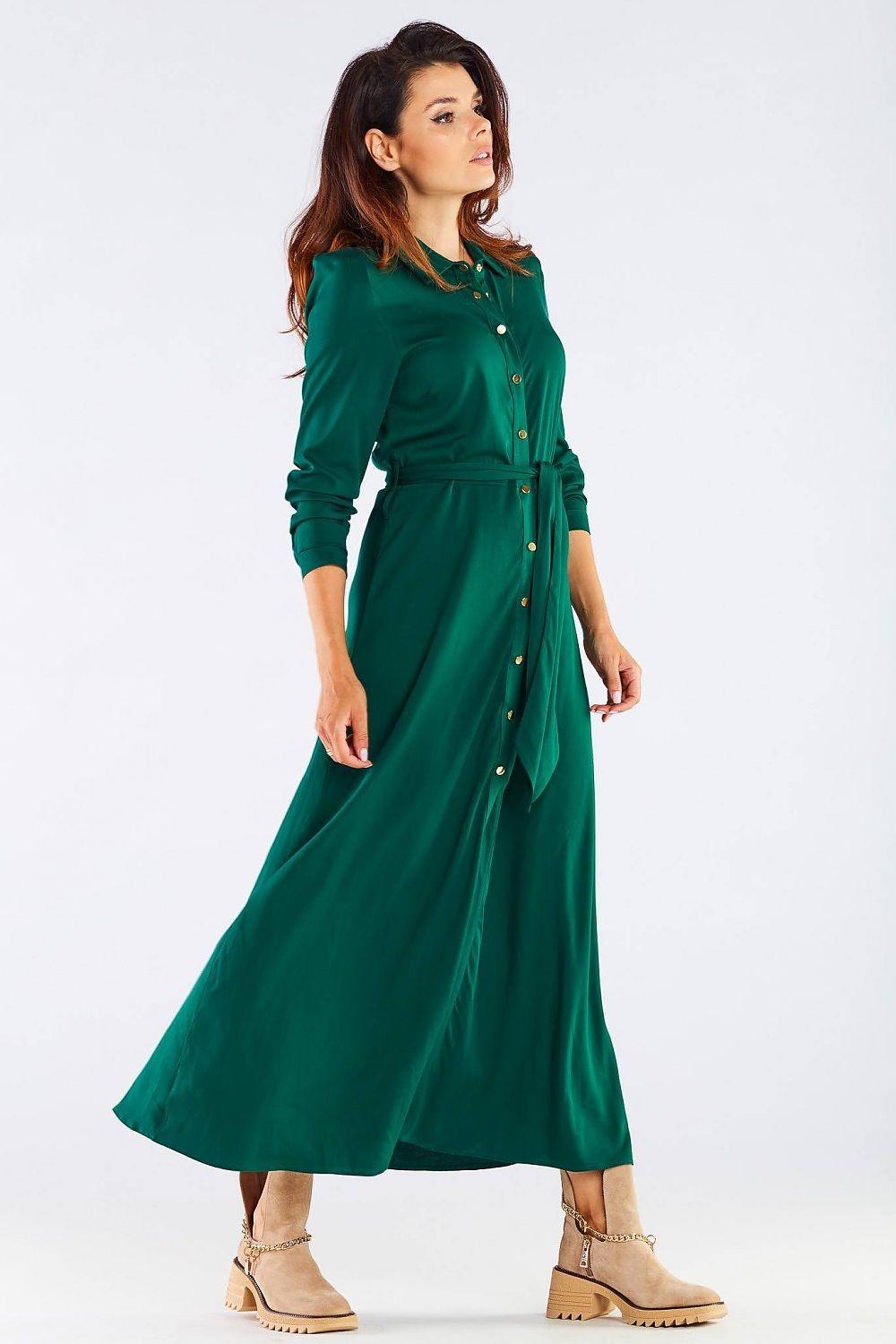 Green day dress with shirt collar, button front, tied waist belt, long sleeves