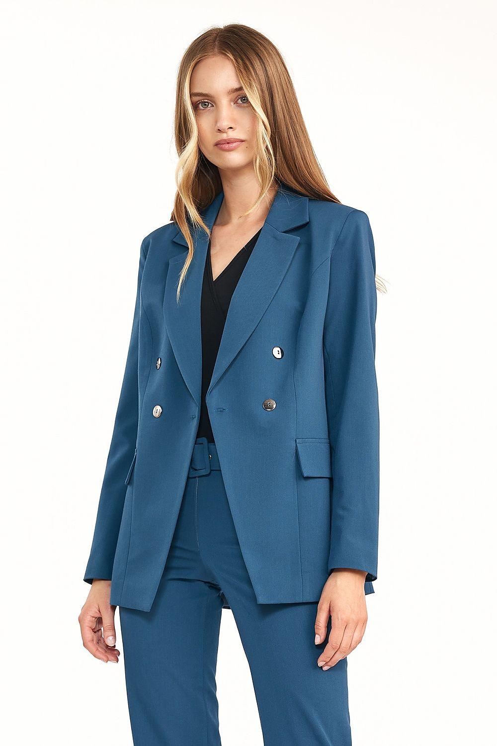 Blue double-breasted blazer jacket with notched lapels and gold buttons, flap pockets.