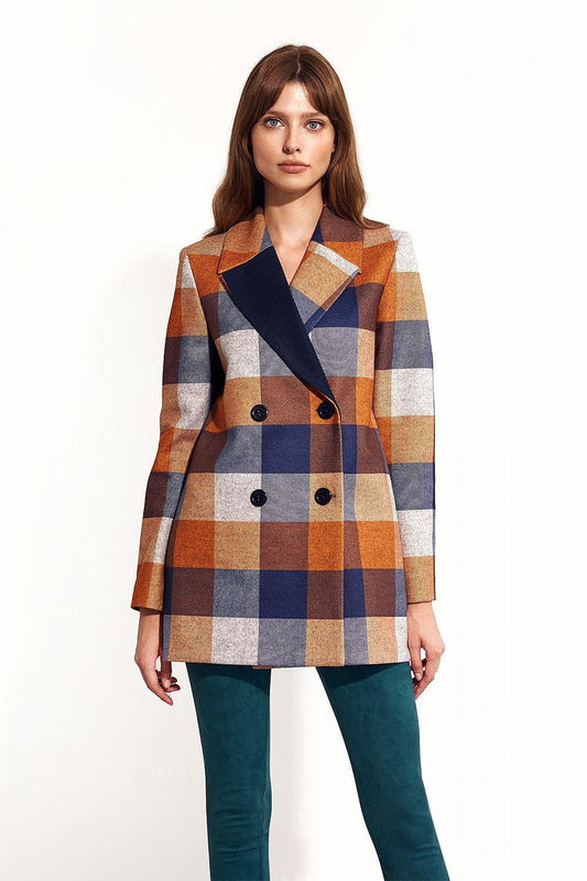 Checked double-breasted coat, orange navy cream plaid, long sleeves, button front