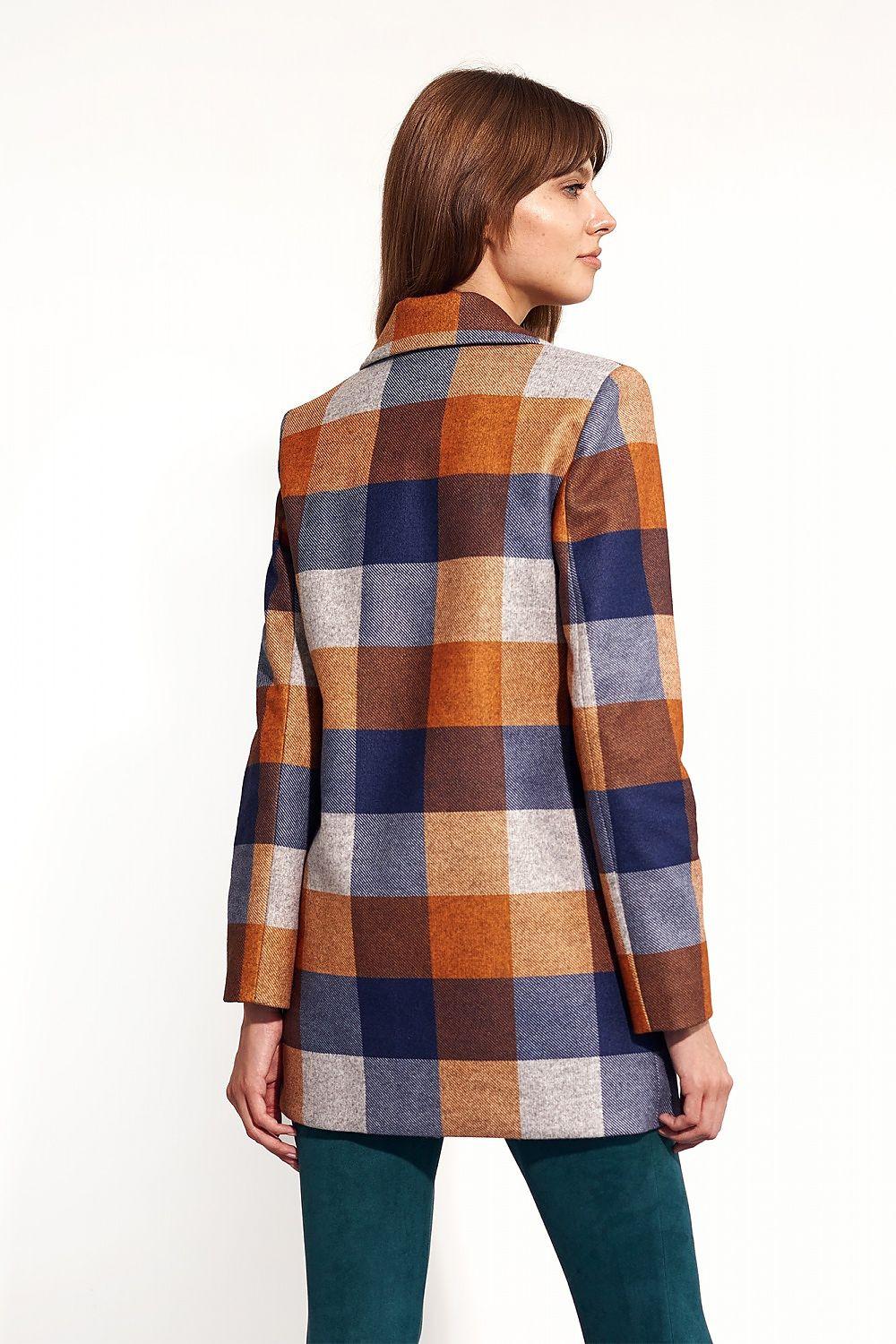 Checked double-breasted coat side view, plaid block pattern, notched lapels and buttons