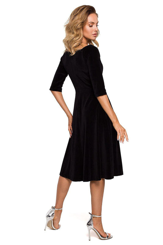 Moe black evening dress, off-shoulder V neckline, 3/4 sleeves, A-line skirt profile