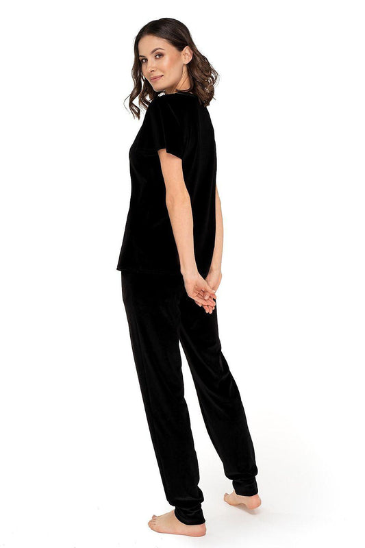 Black velour lounge set, V-neck top and tapered jogger pants with ankle cuffs