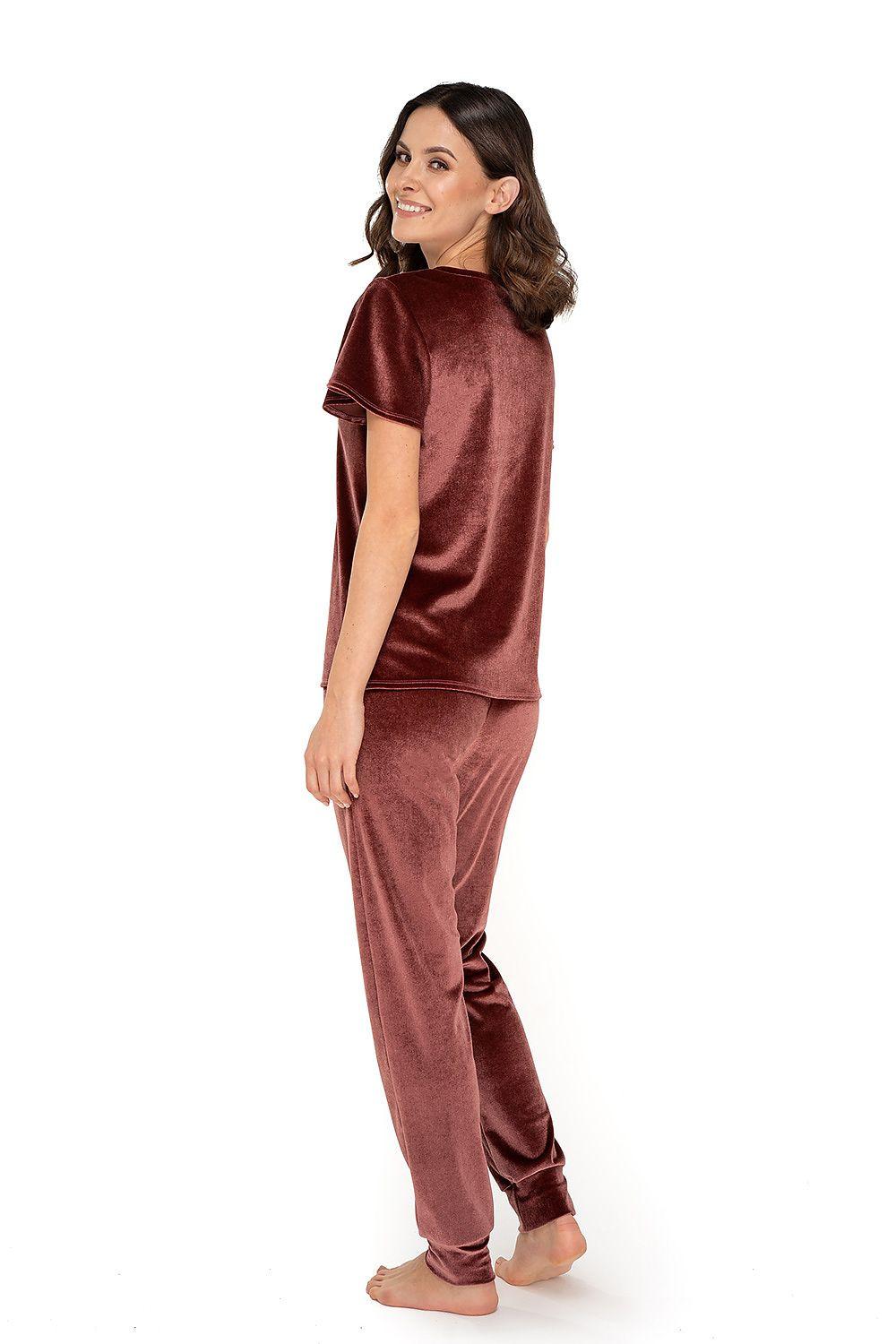 Brown velour lounge set, V-neck short-sleeve top and cuffed jogger pants