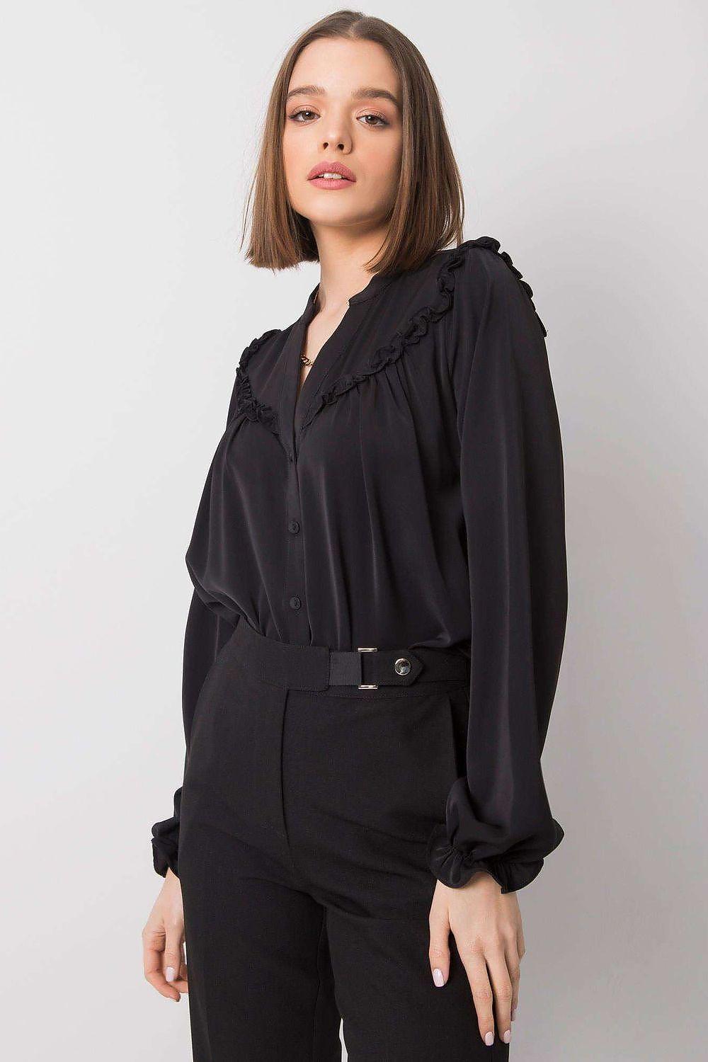 Och Bella black long sleeve shirt with ruffled collar and button placket detail