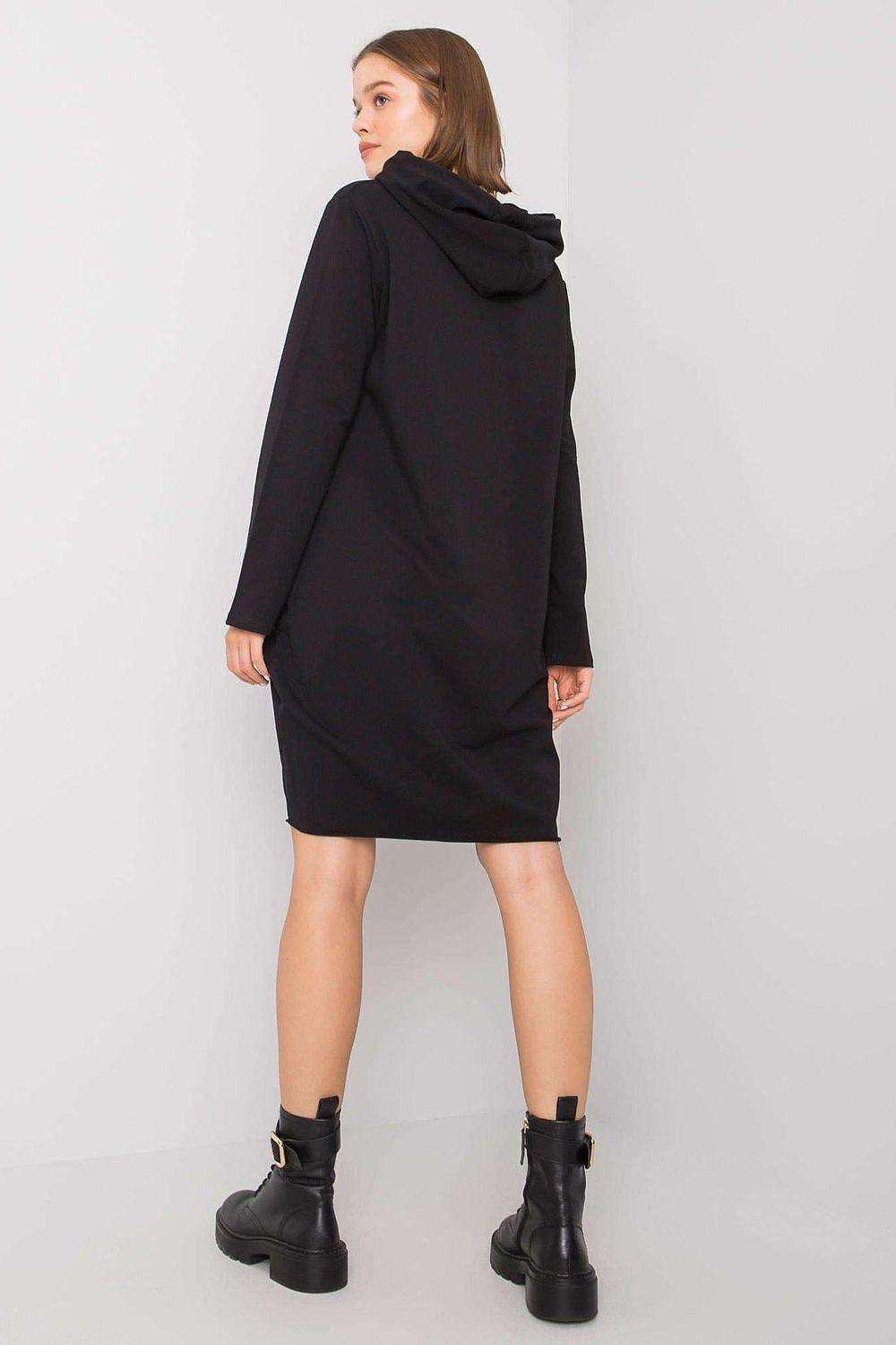 Black hooded daydress with long sleeves, back view
