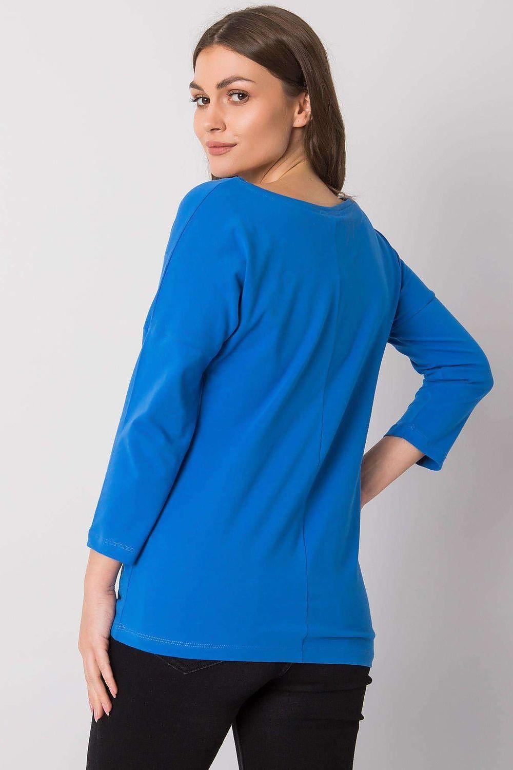 Blue 3/4-sleeve blouse with boat neckline and curved hemline