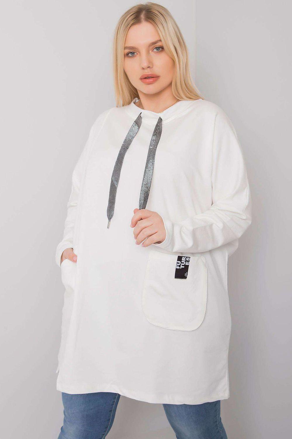 Ecru cotton tunic with long sleeves, crew neck, front pocket, vertical gray print