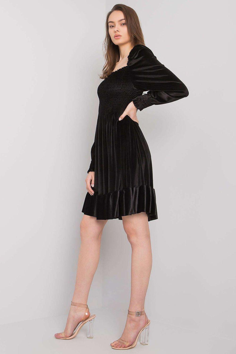Black evening dress with off-shoulder square neckline, tiered ruffle hem, long sleeves