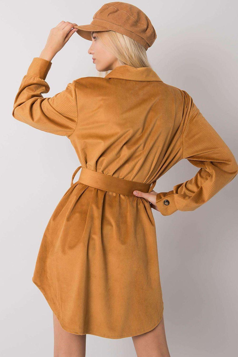 Brown day dress with pointed collar, button front, long sleeves and waist belt, back view
