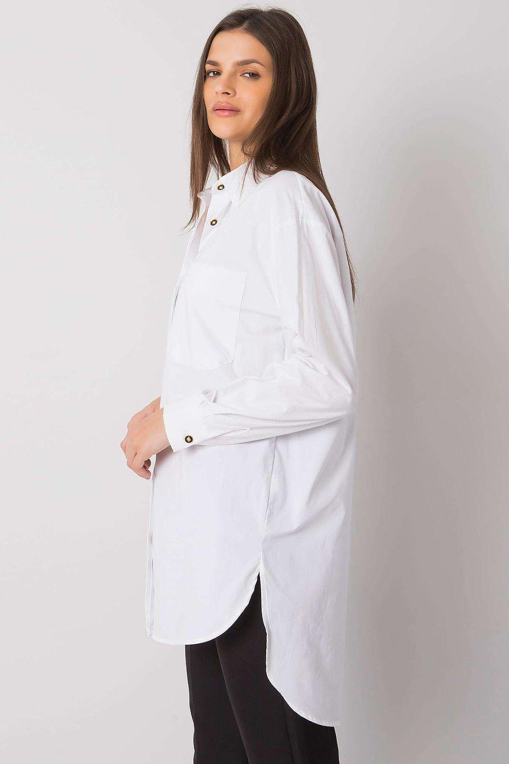 White long-sleeve button-up shirt with collar and front buttons
