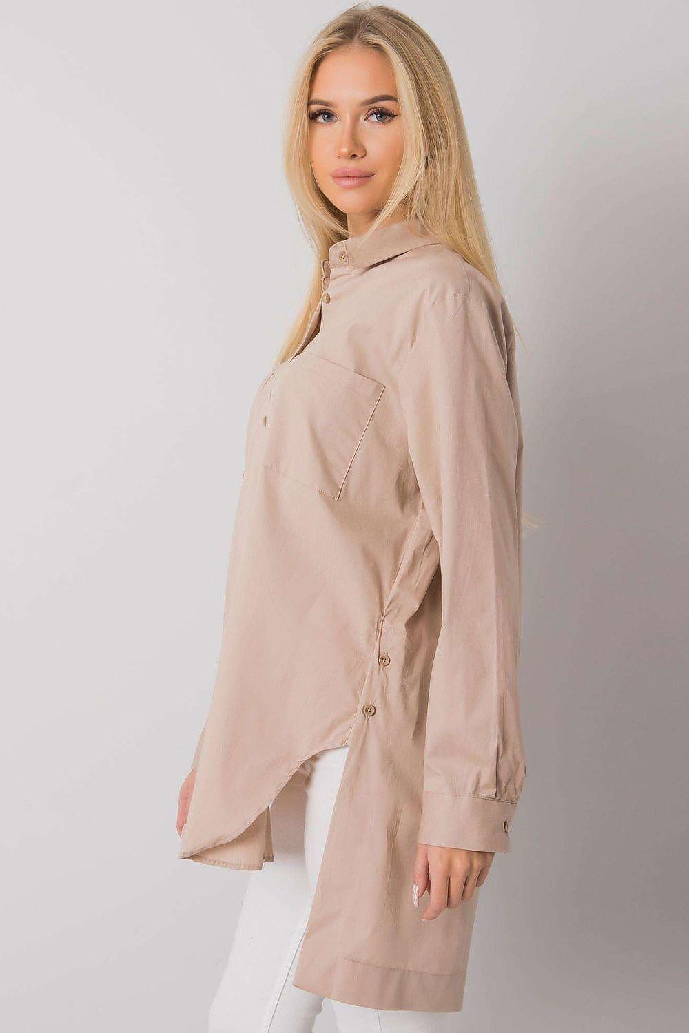Ex Moda long-sleeve shirt in beige, side view with button cuffs and collar