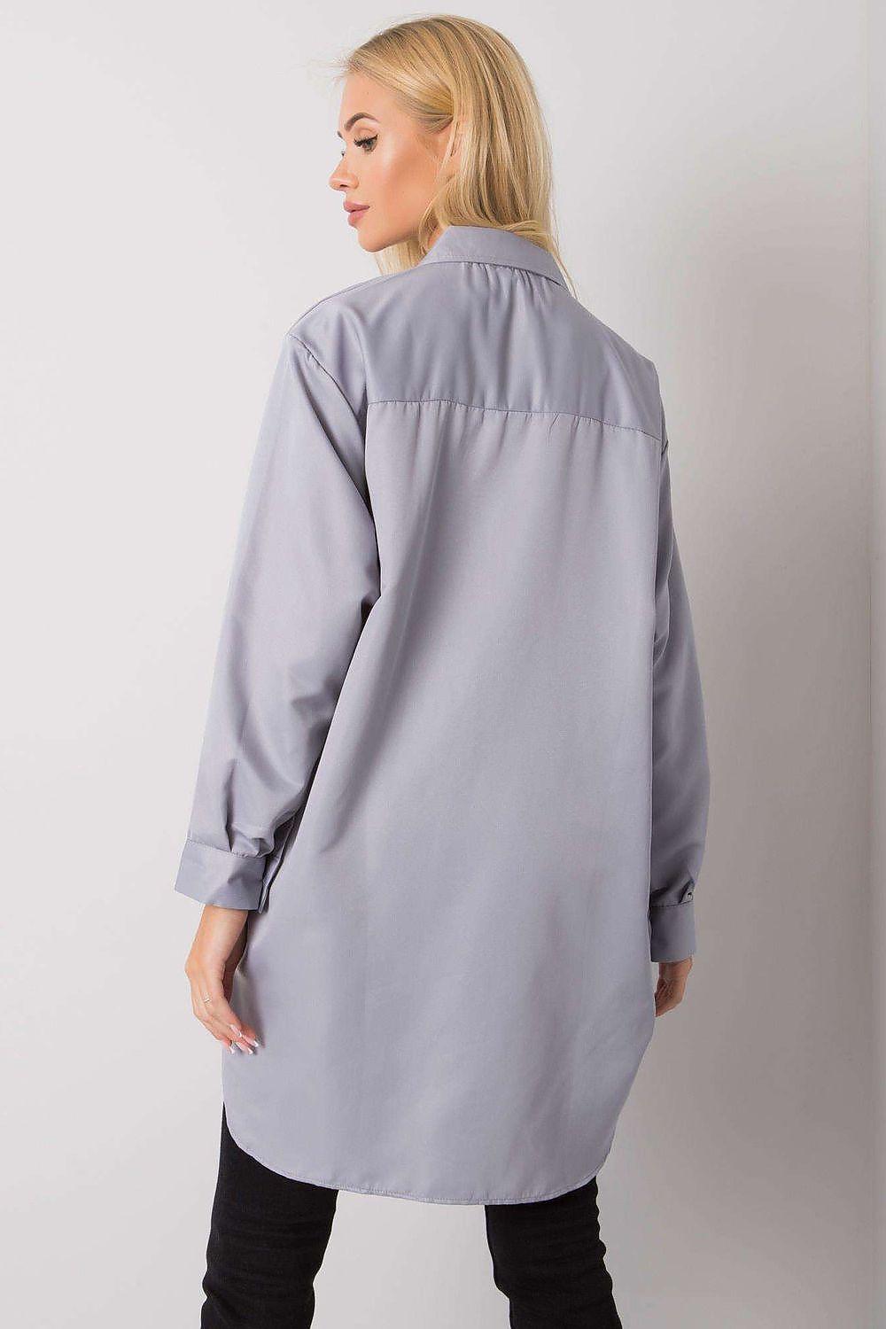 Grey long-sleeve shirt with back yoke, button back, and stand collar