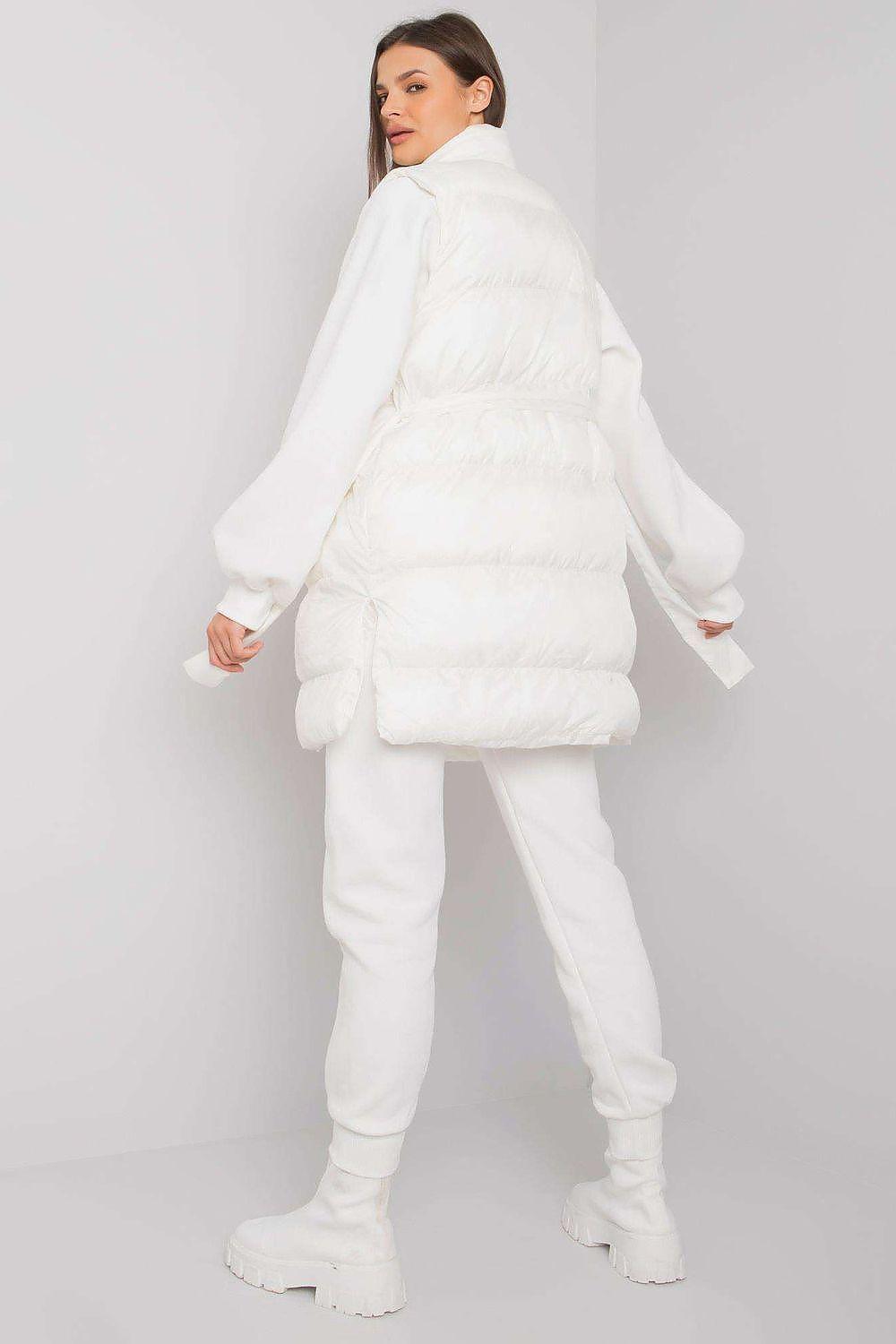 White quilted puffer jacket with hood and white jogger pants set, back view