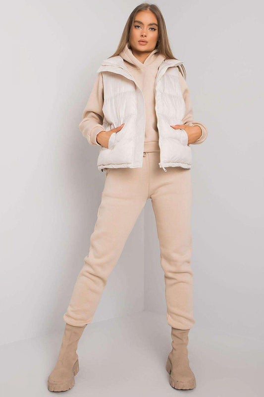 Beige puffer jacket and jogger set, hooded zip-front with elastic-cuffed joggers
