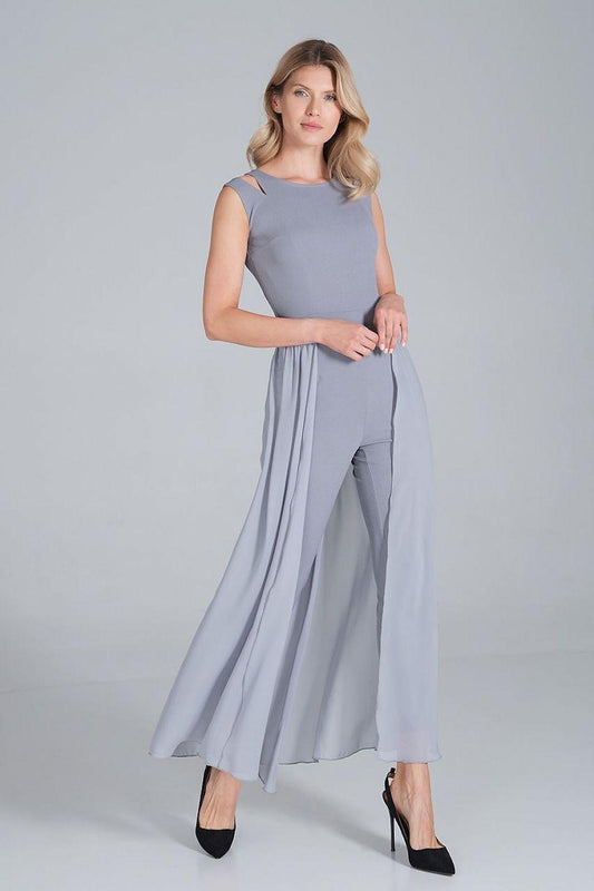Sleeveless grey maxi dress with gathered waist and flowing pleated skirt