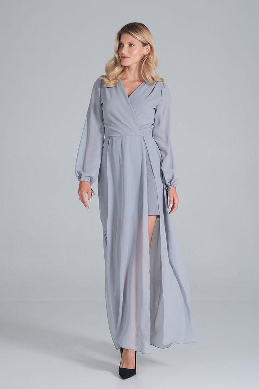 Grey V-neck evening dress with long sleeves, gathered waist, and flowing skirt