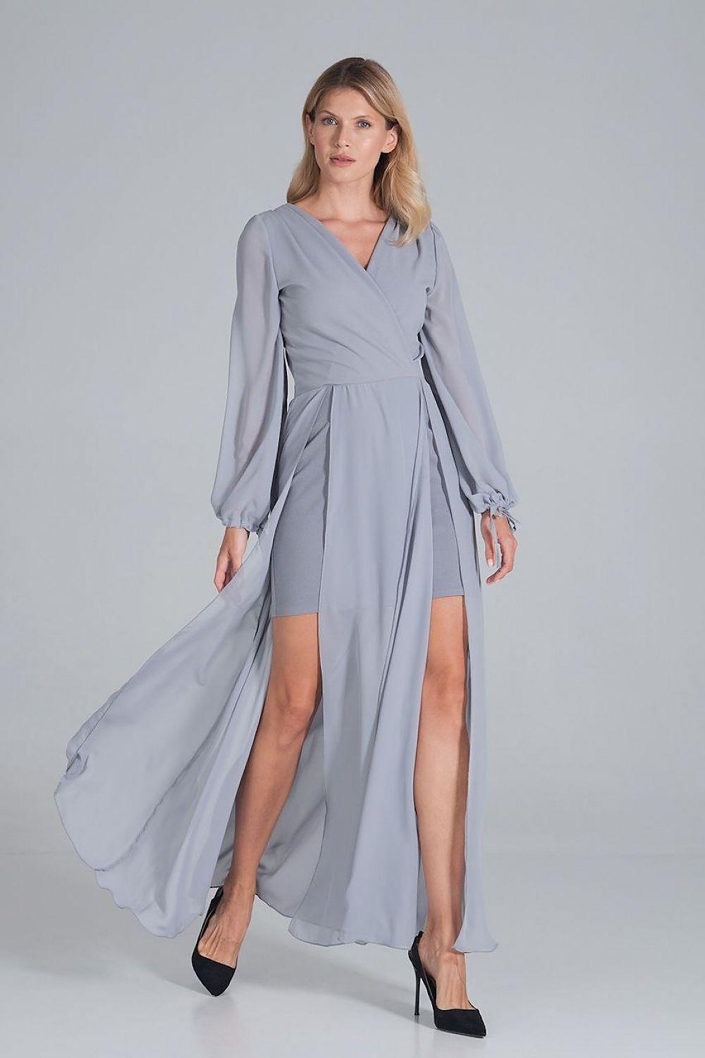 Grey wrap evening dress with long sleeves and draped skirt, thigh-high slit