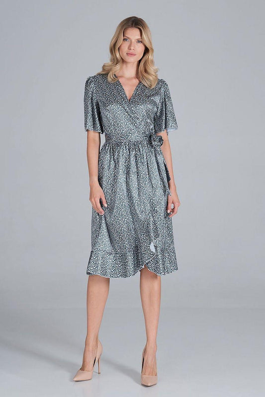 Figl cocktail dress 160987: dark speckled V-neck with short sleeves and flared midi skirt