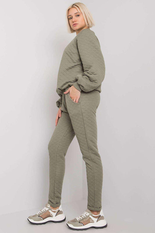 Olive green two-piece set with crewneck sweatshirt and matching jogger pants