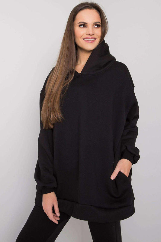 Black hooded sweatshirt and joggers set, front view with kangaroo pocket