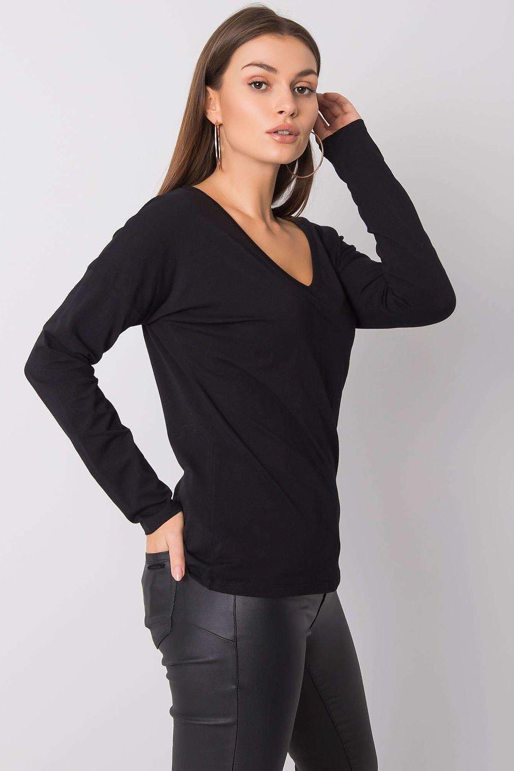 Black long-sleeve V-neck blouse with hip-length hem and smooth fabric