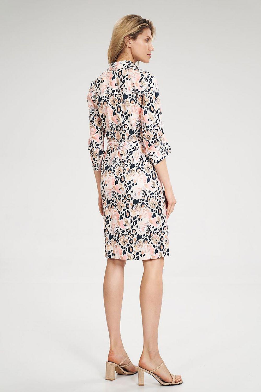 Floral shirt daydress back view with waist tie belt and 3/4 sleeves