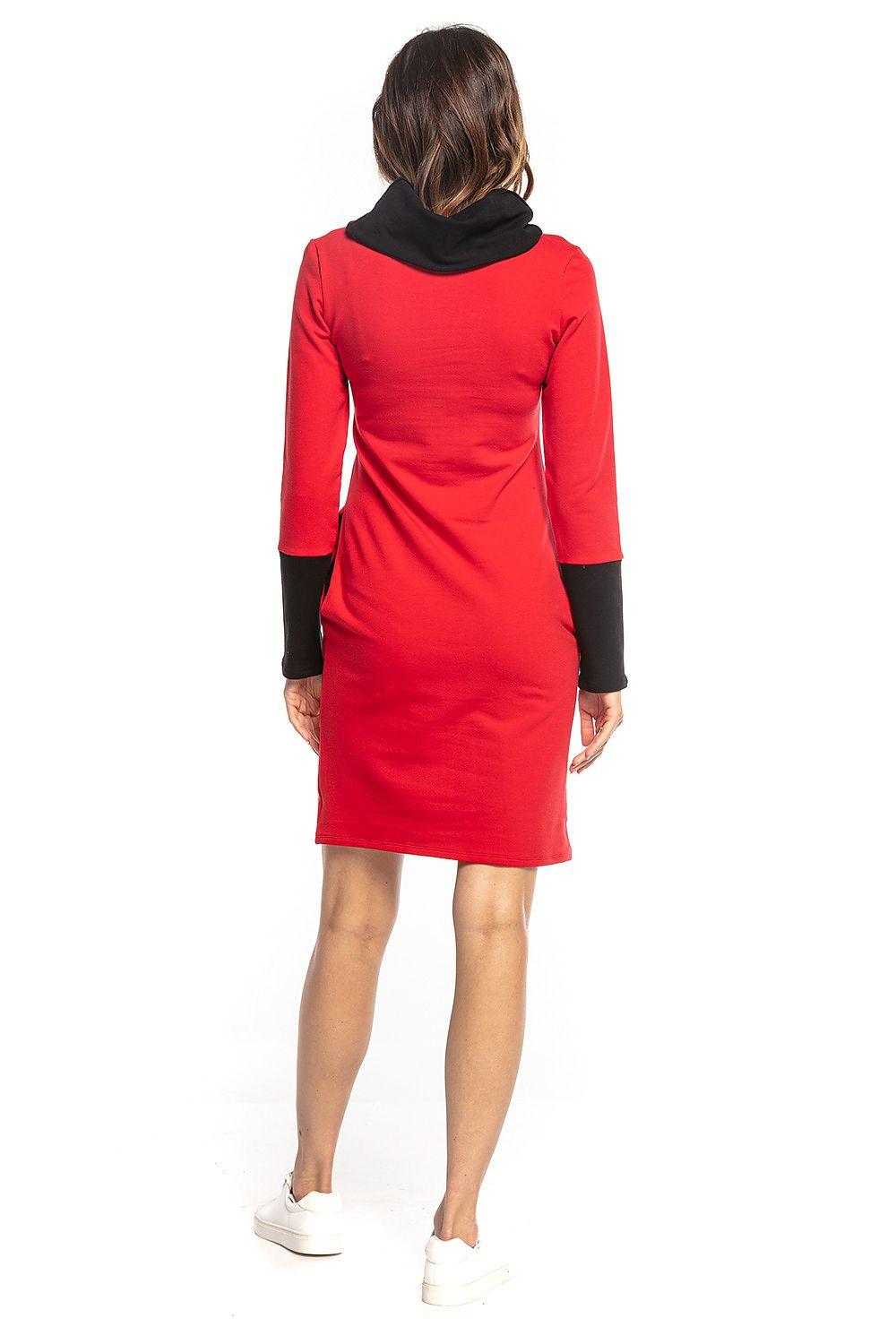 Tessita daydress back view, red long-sleeve with black high neck