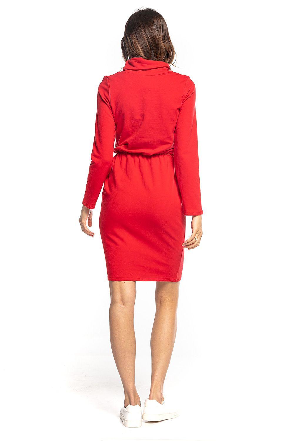 Red long-sleeve day dress with high back, tie waist, knee length