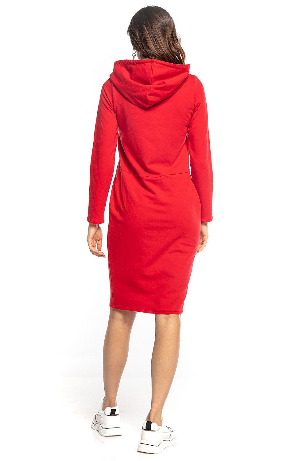 Red hooded daydress, back view, long sleeves and drawstring.