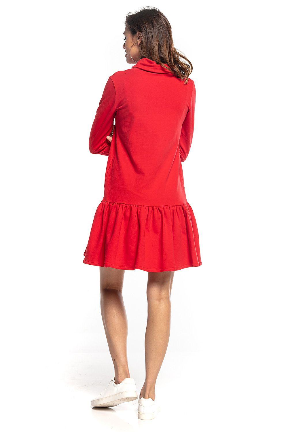 Tessita red long-sleeve daydress with cowl neck and gathered skirt, back view