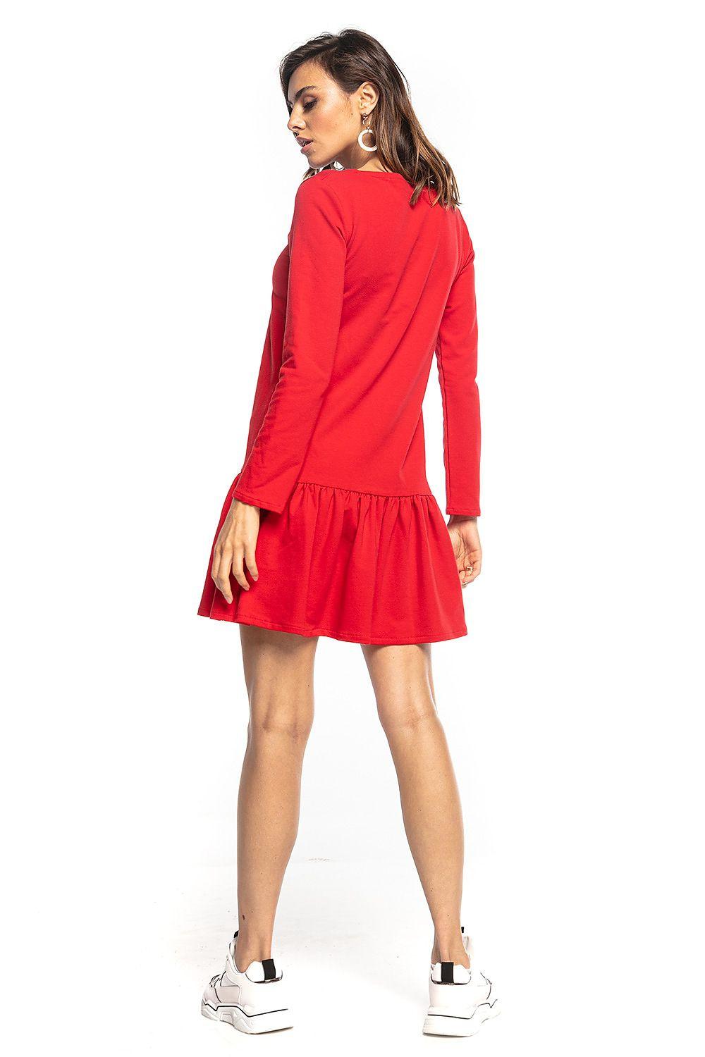Red long-sleeve daydress with gathered waist and flared skirt