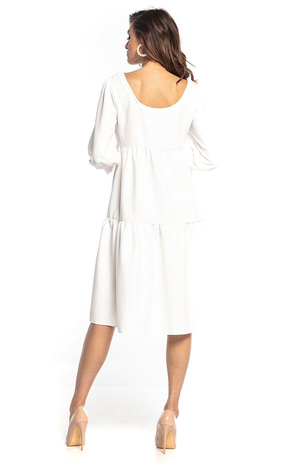 White tiered daydress with scoop back and 3/4 puff sleeves