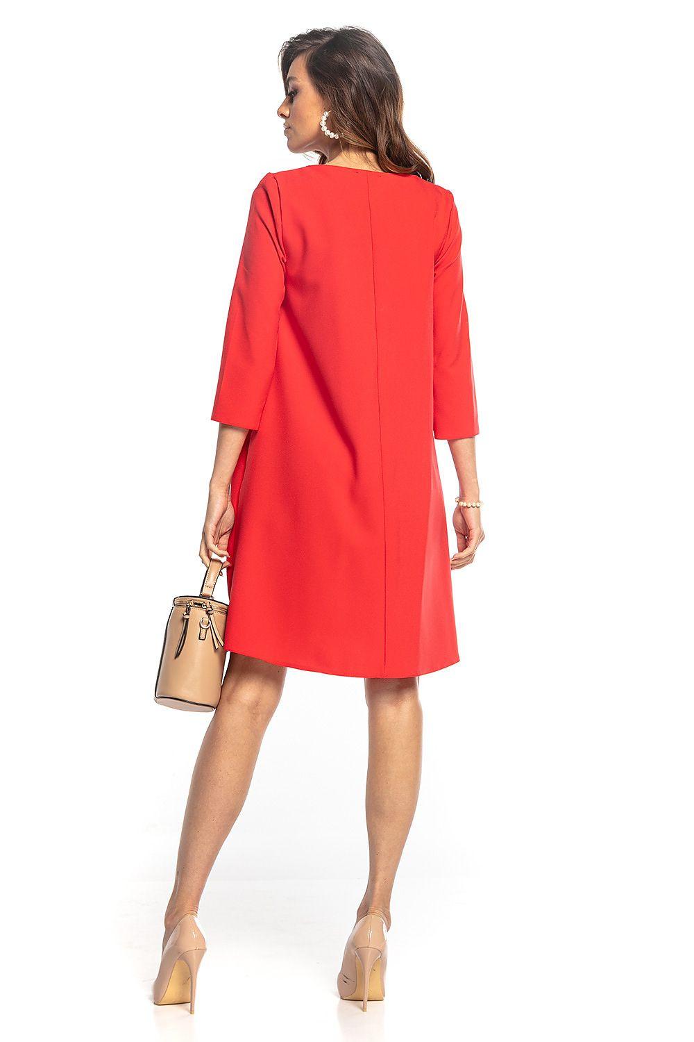 Red daydress with 3/4 sleeves and waist belt, rear view