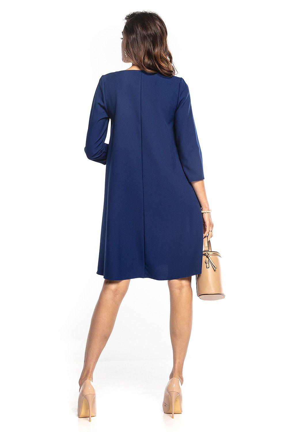 Navy daydress back with 3/4 sleeves and tied waist seam, above-knee length