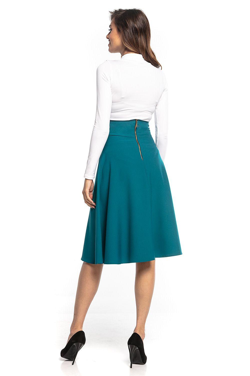 Green midi A-line skirt with waistband seam, side view
