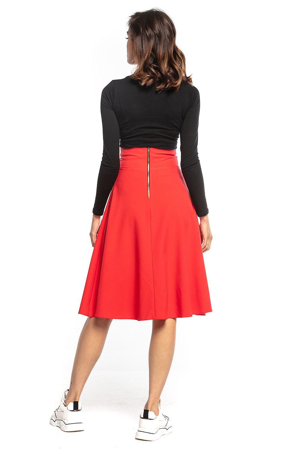 Tessita red flared midi skirt with center back seam and gathered pleats